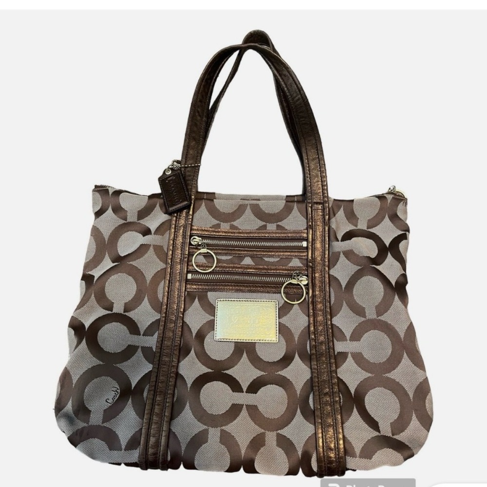 COACH POOPY OPT ART GLAM BROWN/TAN SIGNATURE LOGO JACQUARD CARY-ALL TOTE #13826